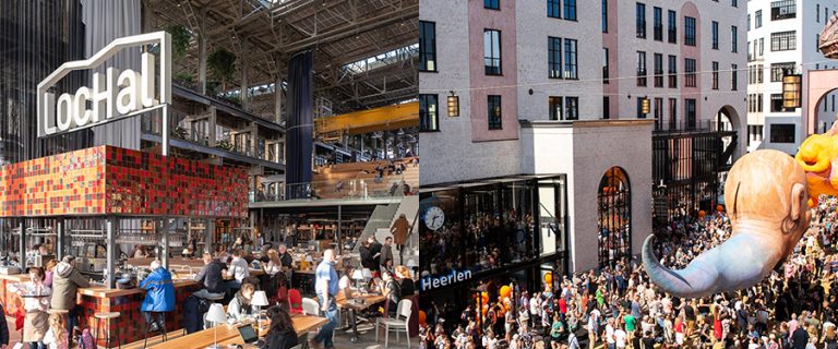 Collagefoto met een linkerdeel dat het interieur van de Tilburgse Lochal toont en een rechterdeel dat de feestelijke opening van NS-station Heerlen toont.