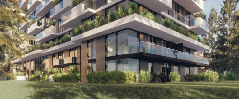 Artist impression van een groen flatgebouw van Foruminvest
