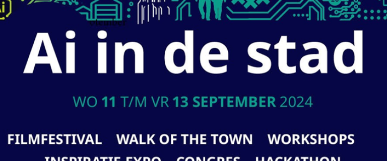 Afbeelding met de tekst 'Uitnodiging: AI in de Stad' en de data 11 tot en met 13 september 2024, onder een gestileerde skyline van een stad.