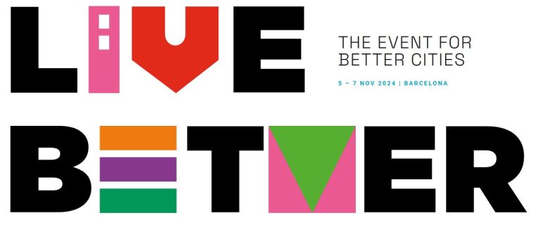 Logo van de Smart City Expo in Barcelona. We zien de tekst 'Live Better' in gestileerde letters met de datum 5-7 november 2024 en de plaatsnaam, Barcelona.