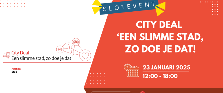 Logo van de slotbijeenkomst van de City Deal Een Slimme Stad, Zo Doe je Dat, met de datum van het evenement - 23 januari 2025 en de locatie, de Prodentfabriek in Amersfoort.